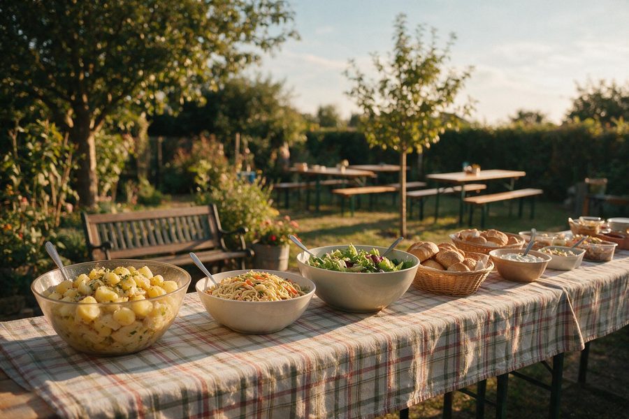 Langer Tisch mit Schüsseln voller Salate und Brotkörben