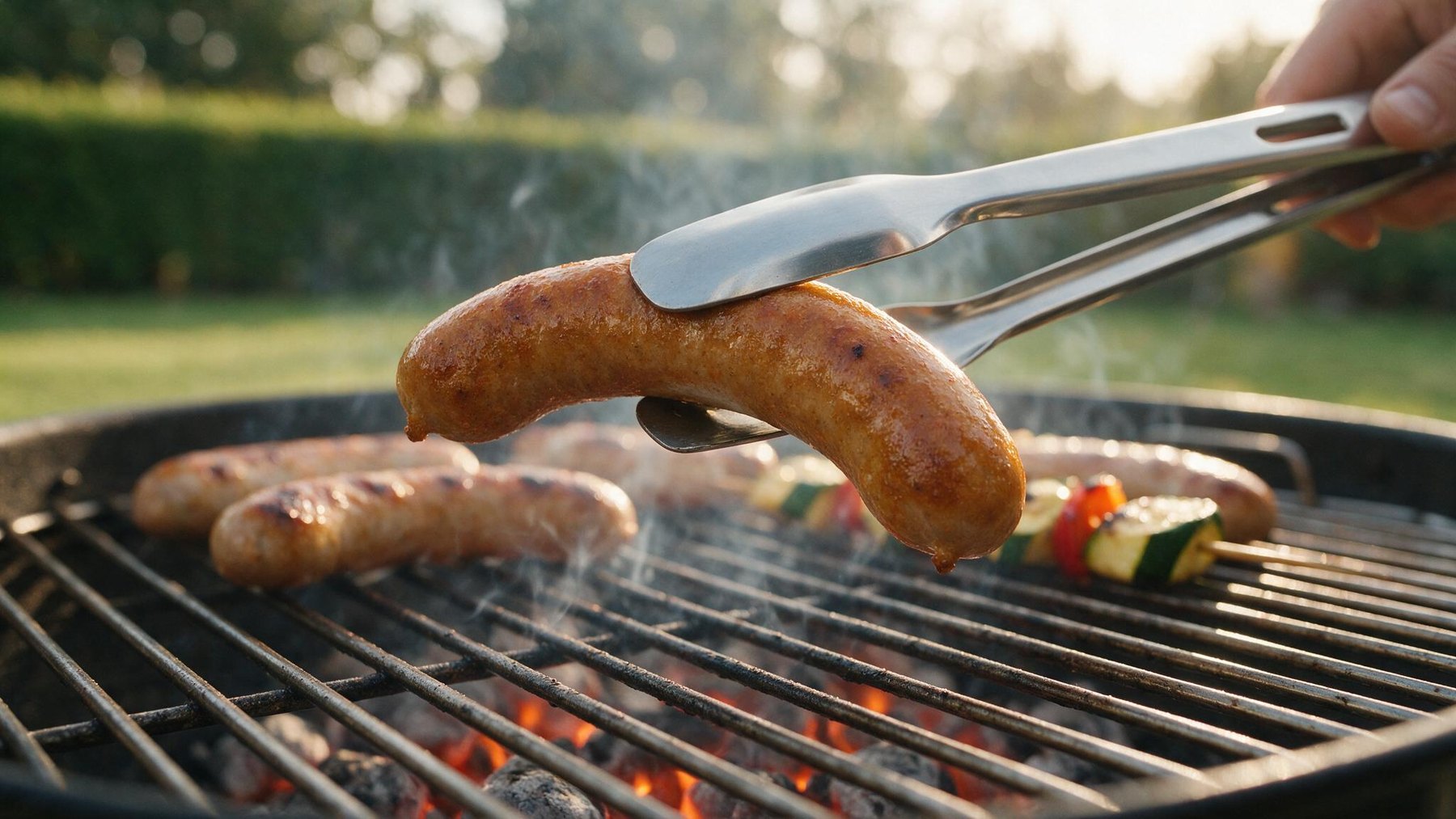 Eine Grillzange fasst eine Bratwurst über dem Rost, daneben ein Gemüsespieß