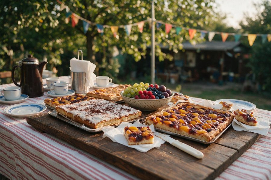 Blechkuchen und Obst auf einer Kaffeetafel im Garten